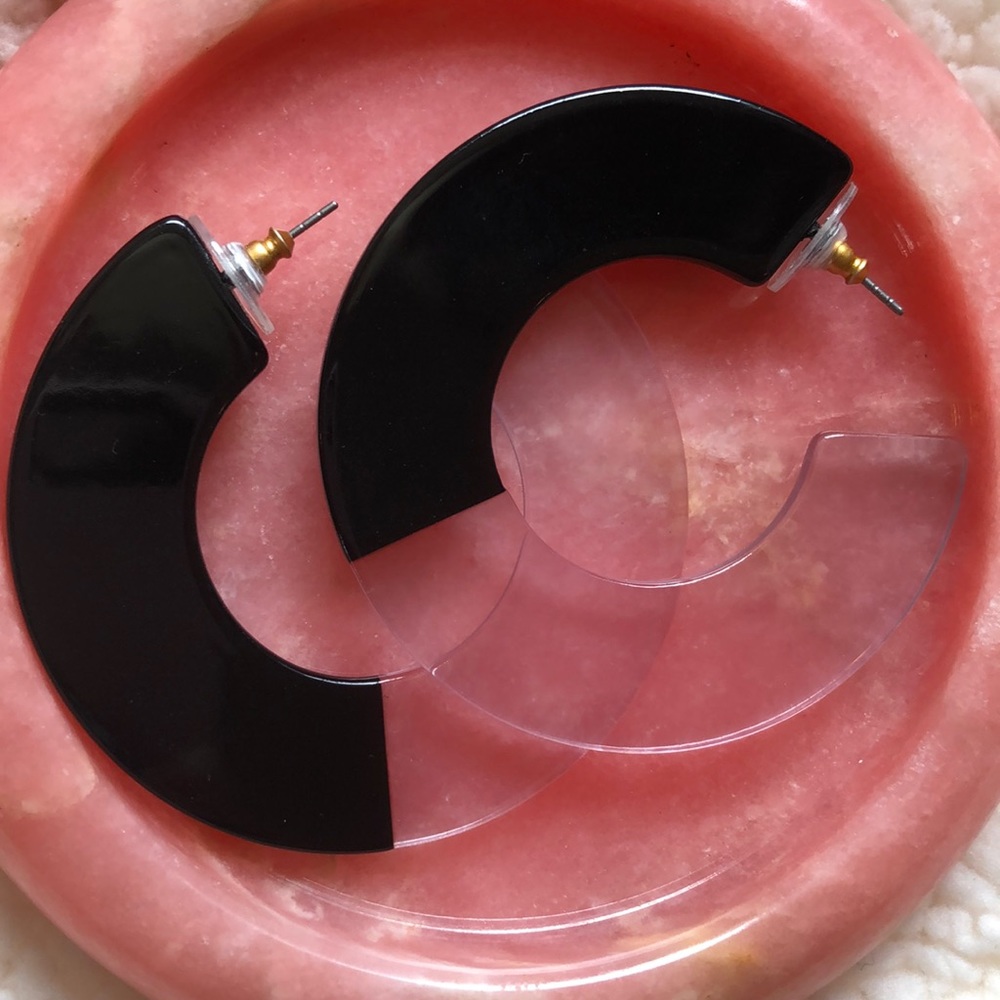 Clear & Black Large Open Hoop Post Earrings - Picture 1 of 3
